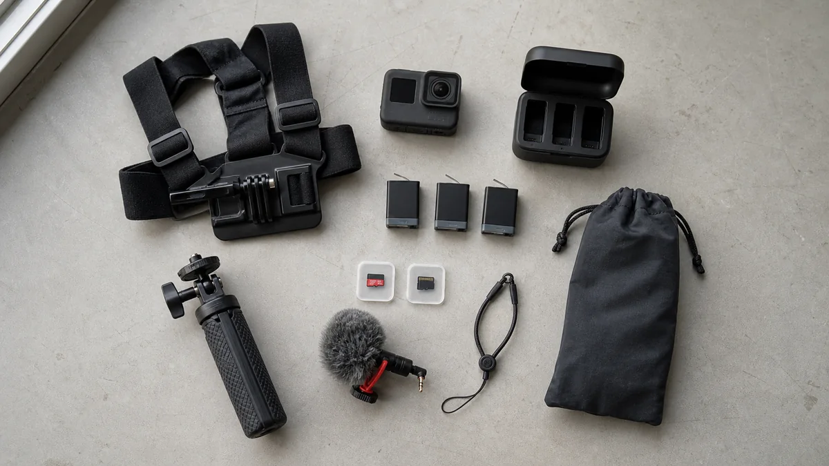 Actioncam mit Brustgurt, Akkus, Speicherkarten, Mikrofon und Sicherungsleine